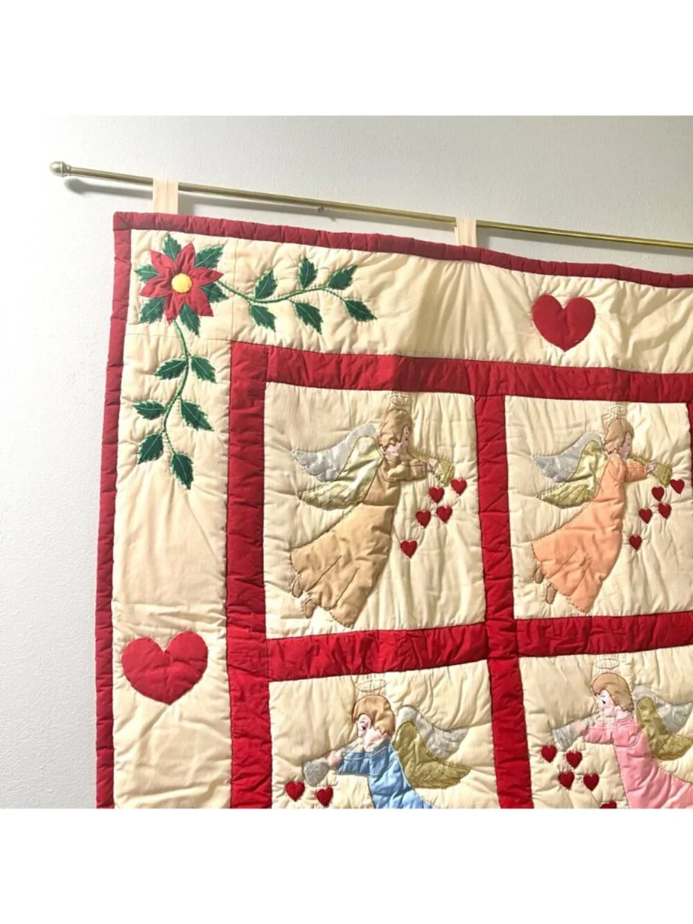 Vintage Handmade Multicolored Angel Quilted Tapestry Hanging Wall Decor